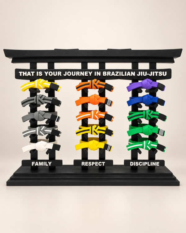 BJJ belt display torii with 15 belts front view