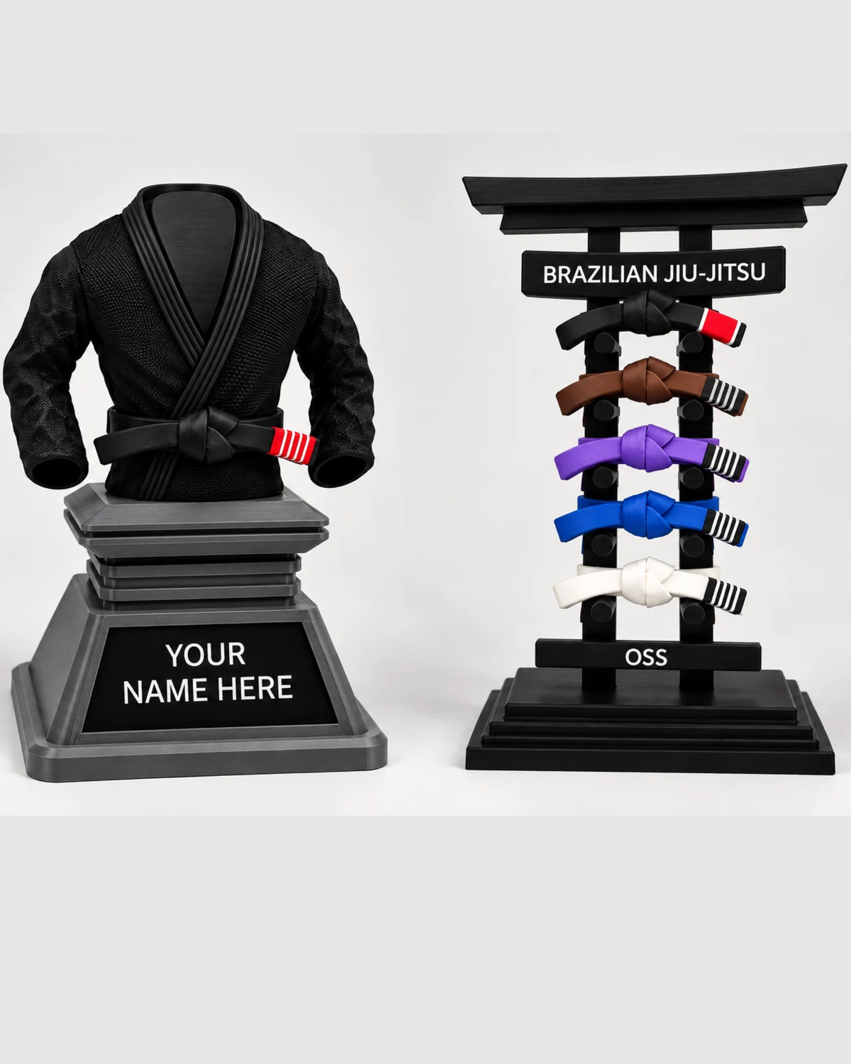 BJJ KIT with gi trophy and totem belt display, front view