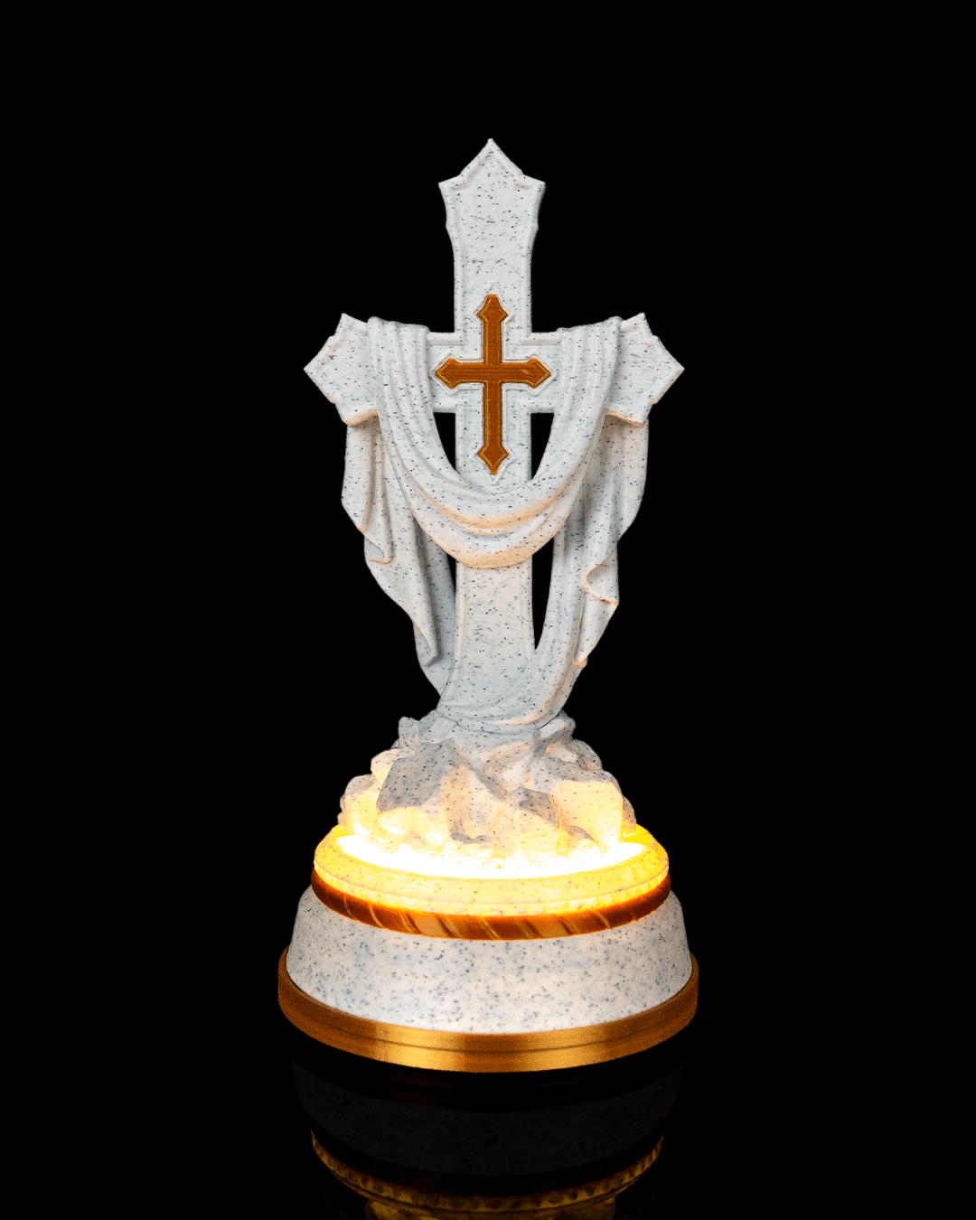 Draped Cross Statue in Matte White or Marble, with or without light, view 3