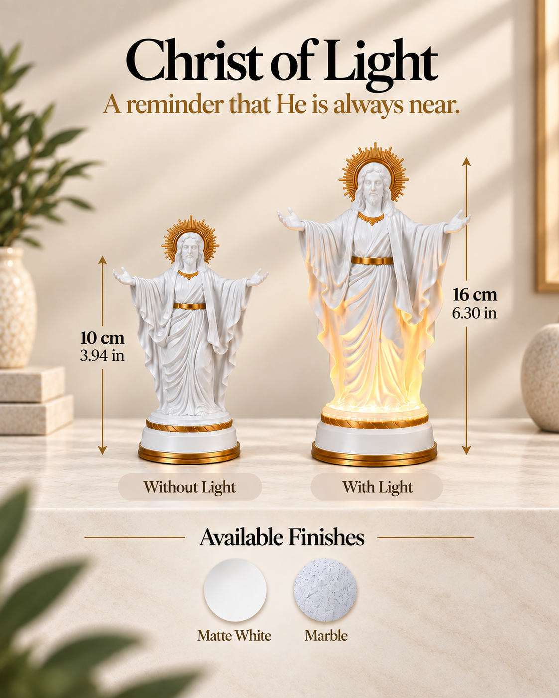 Christ of Light Statue in Matte White or Marble, with or without light, view 5