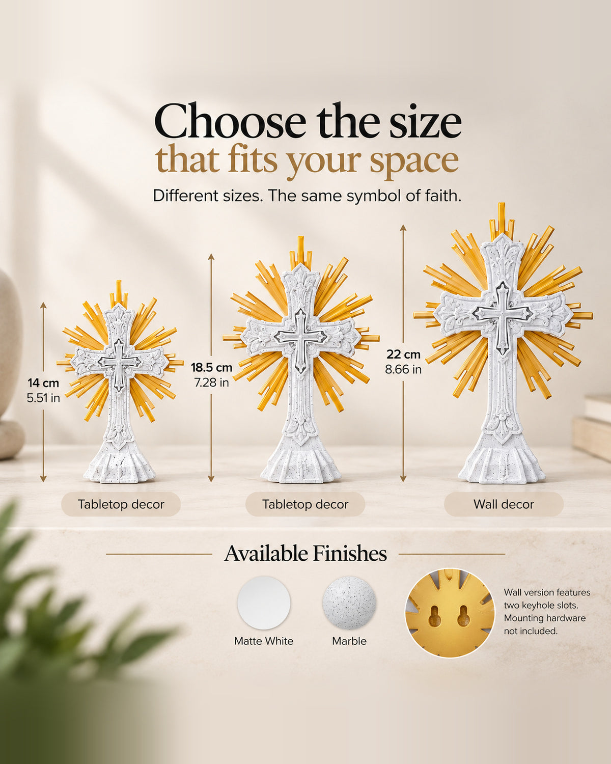 The Sacred Cross size and finish guide