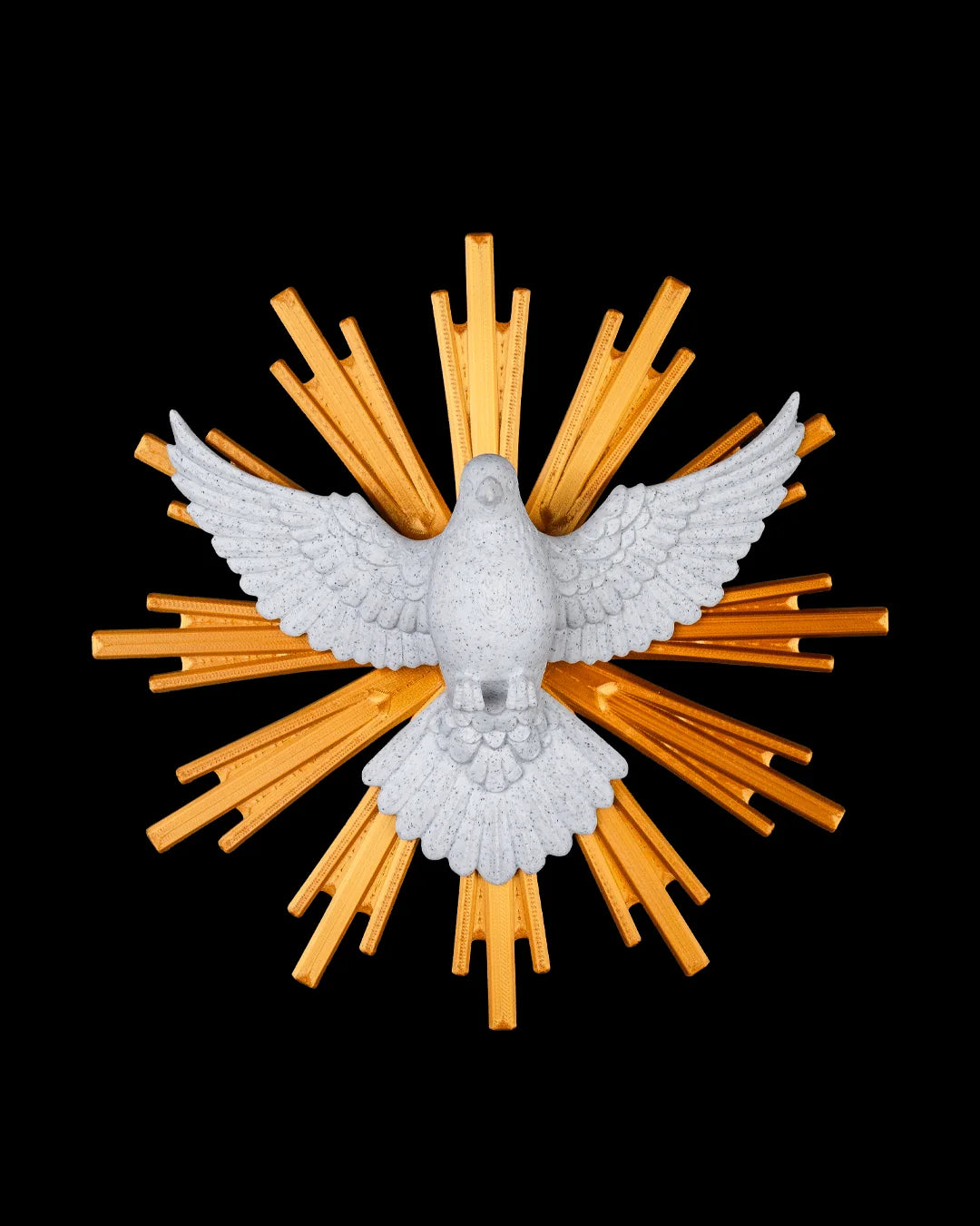 Dove of Peace decor in marble and gold, front view on a black background