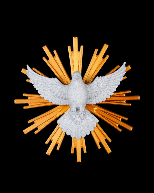 Dove of Peace decor in marble and gold, front view on a black background
