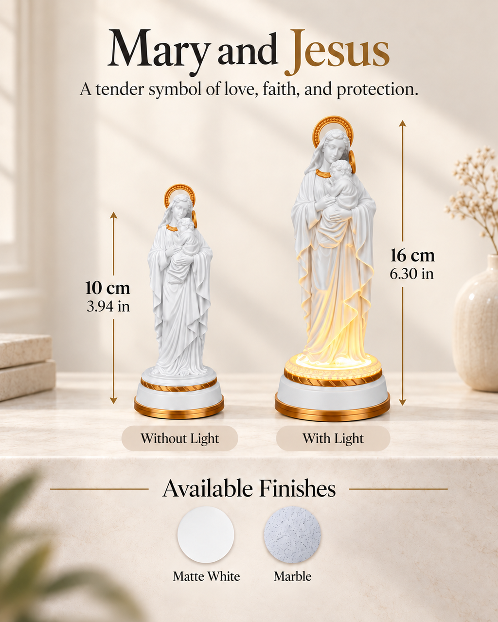 Mary and Jesus Statue in Matte White or Marble, with or without light, view 5