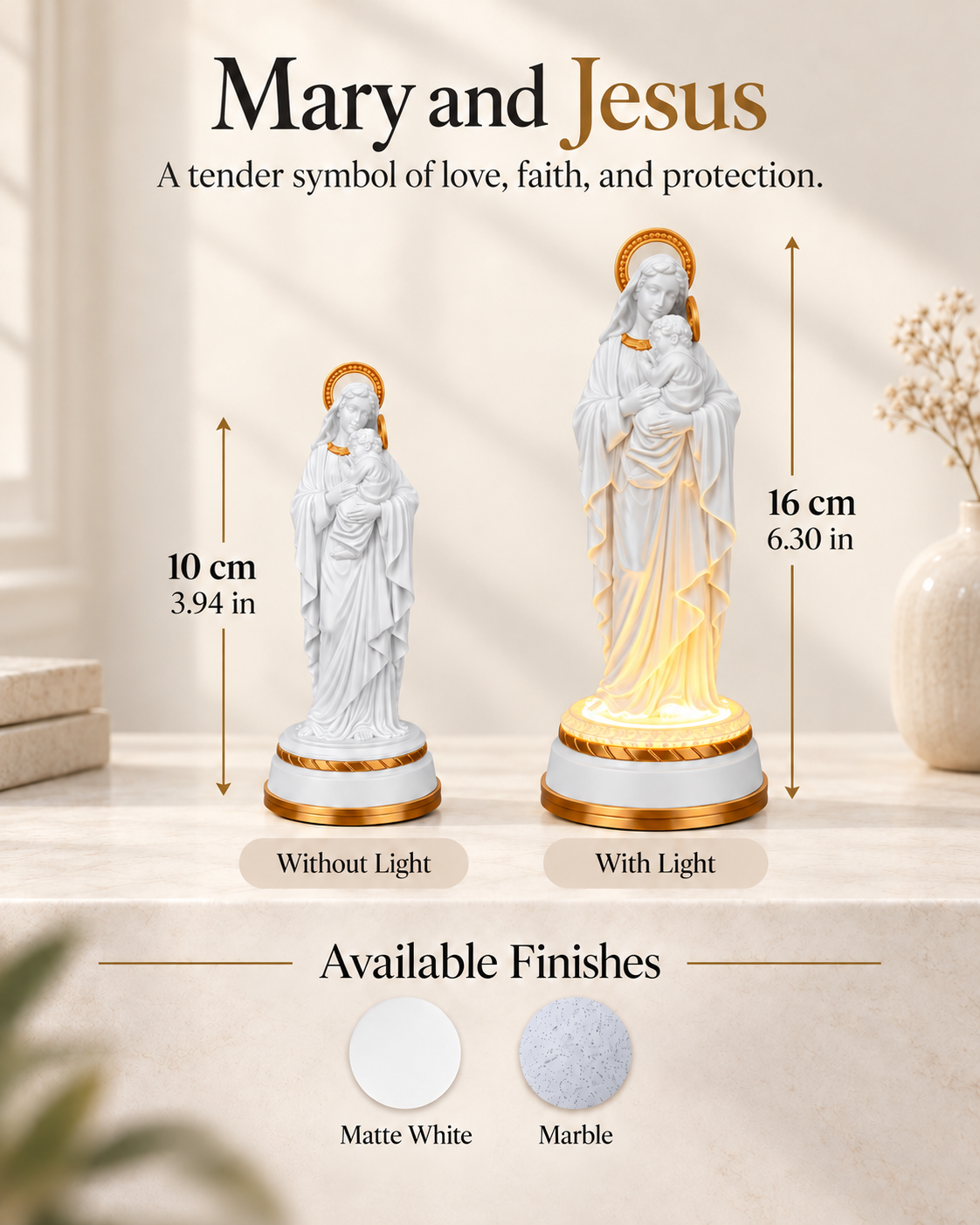 Mary and Jesus Statue in Matte White or Marble, with or without light, view 5