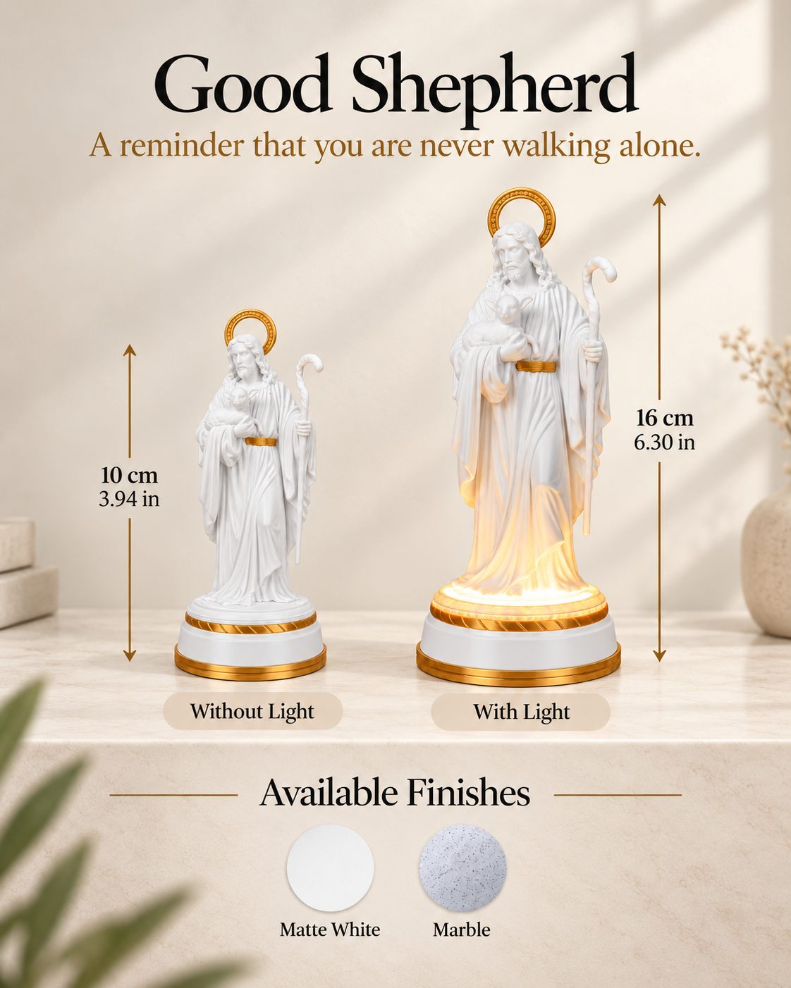 Good Shepherd Statue in Matte White or Marble, with or without light, view 5