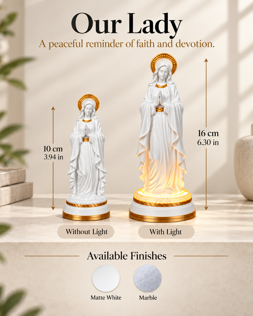Our Lady Statue in Matte White or Marble, with or without light, view 5