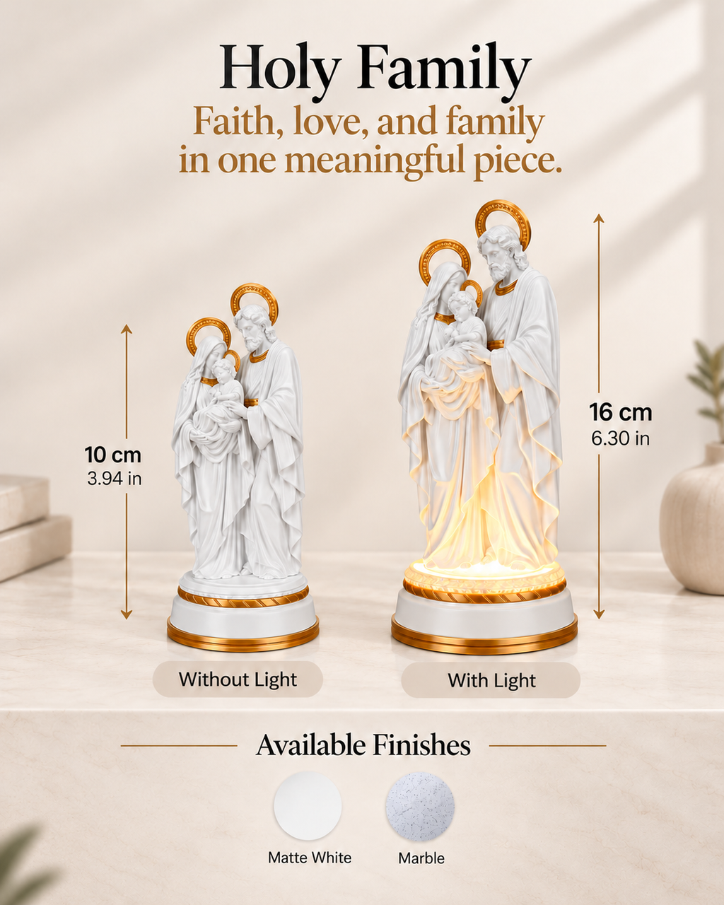 Holy Family Statue in Matte White or Marble, with or without light, view 5