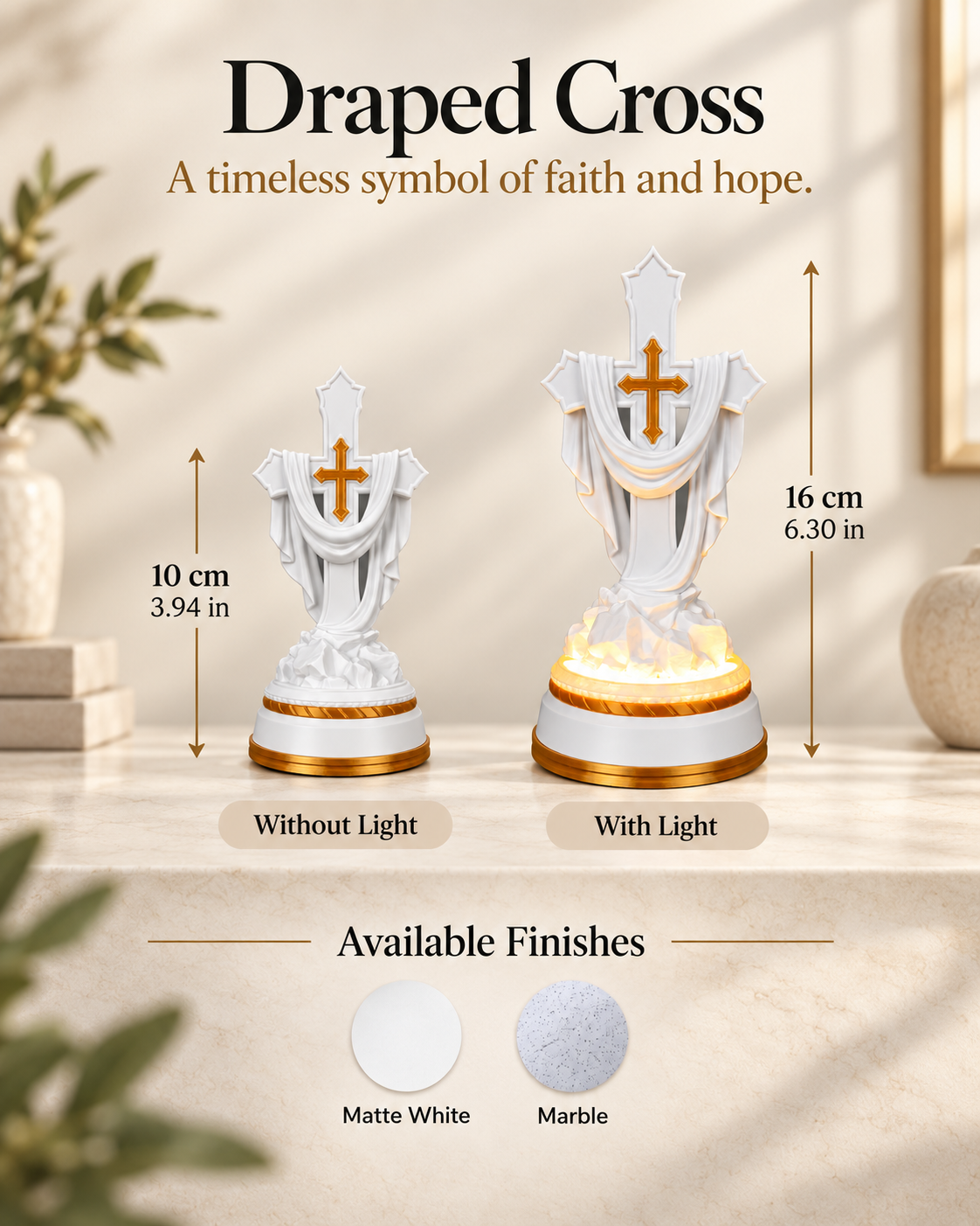Draped Cross Statue in Matte White or Marble, with or without light, view 5