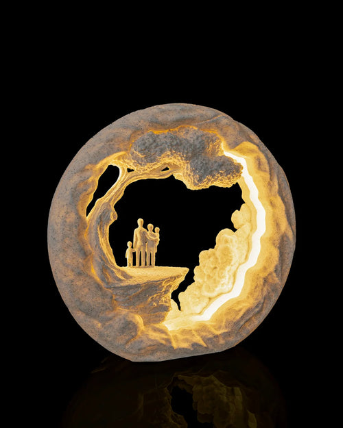 Family Tree Table Lamp illuminated from a left angled view