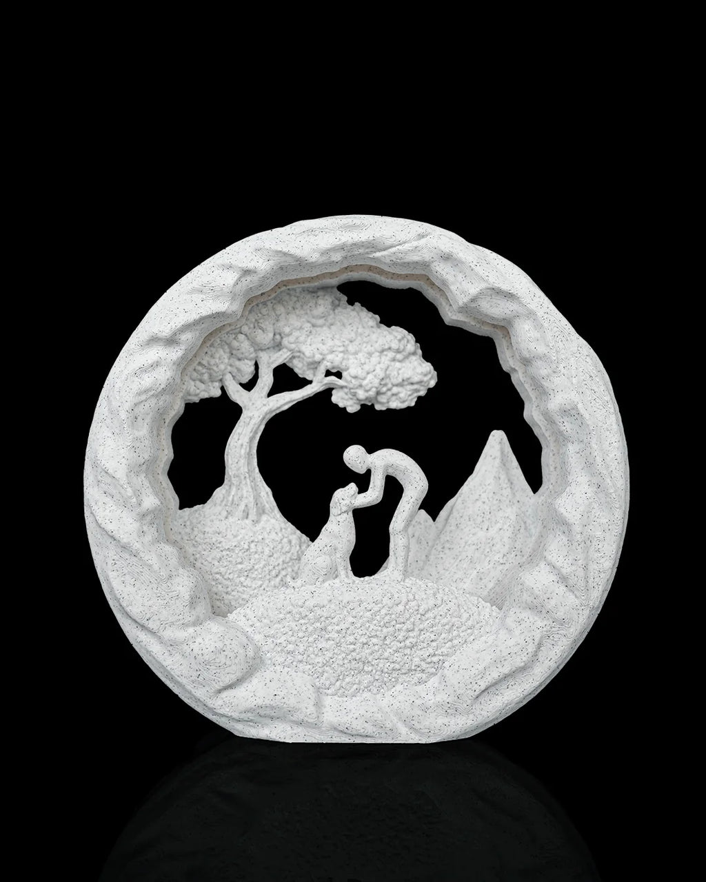 Good Boy Table Lamp unlit, showing the dog scene and white Marble finish