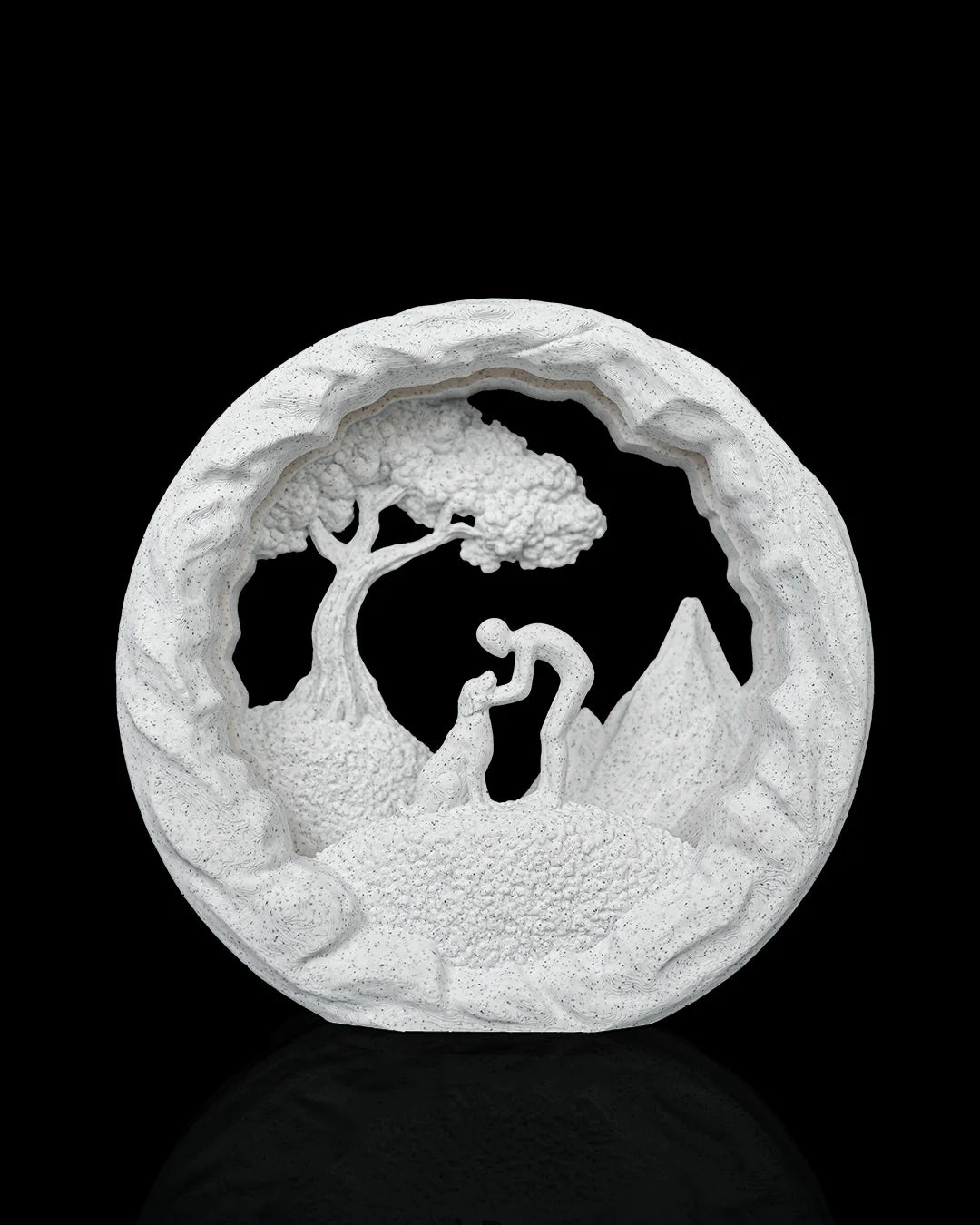 Good Boy Table Lamp unlit, showing the dog scene and white Marble finish