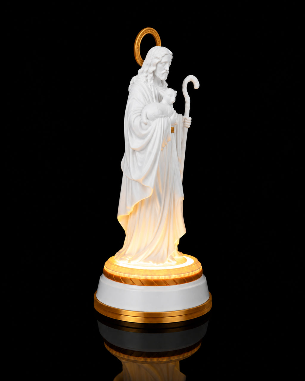 Good Shepherd Statue — Matte White with light, alternate angle