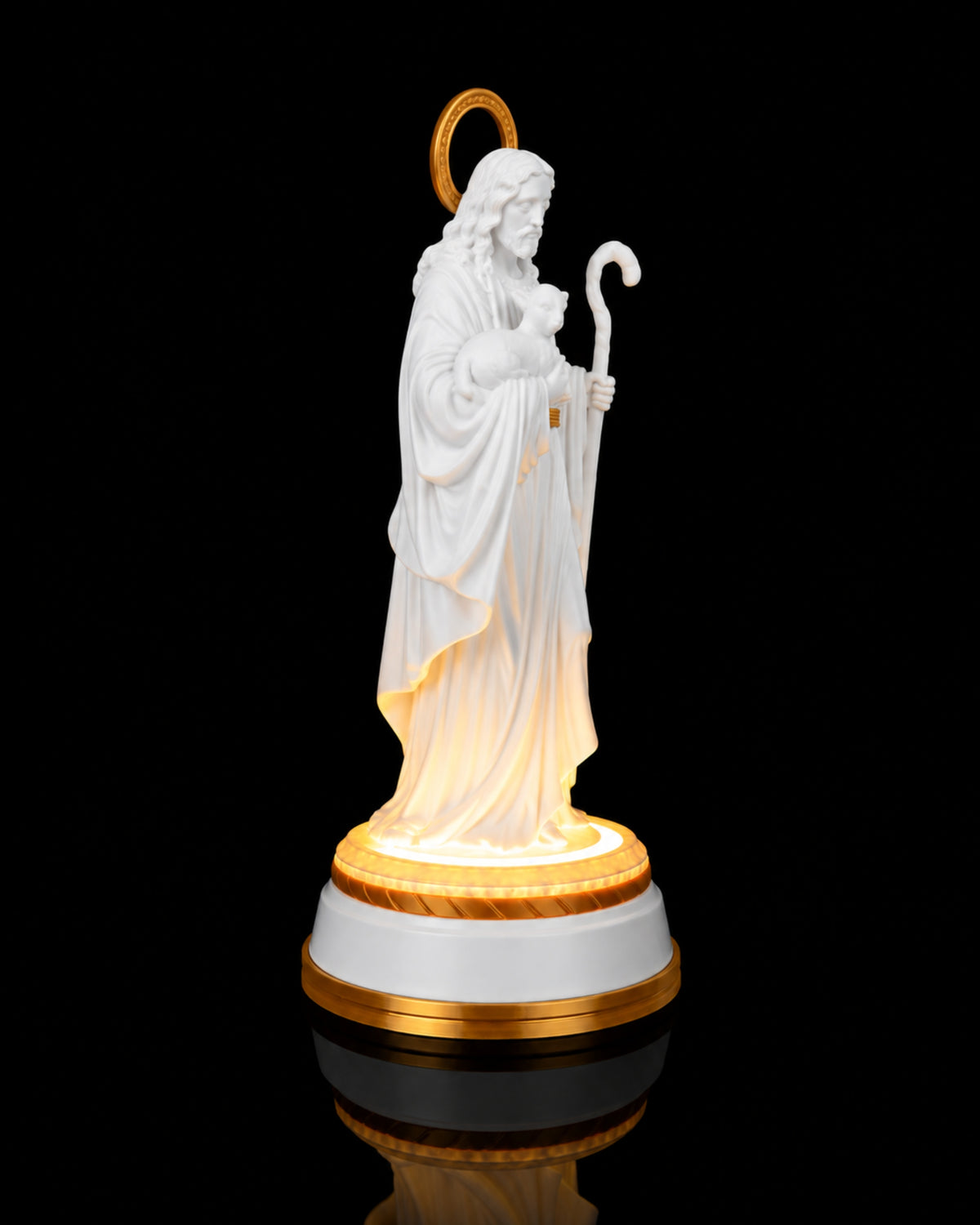 Good Shepherd Statue — Matte White with light, alternate angle