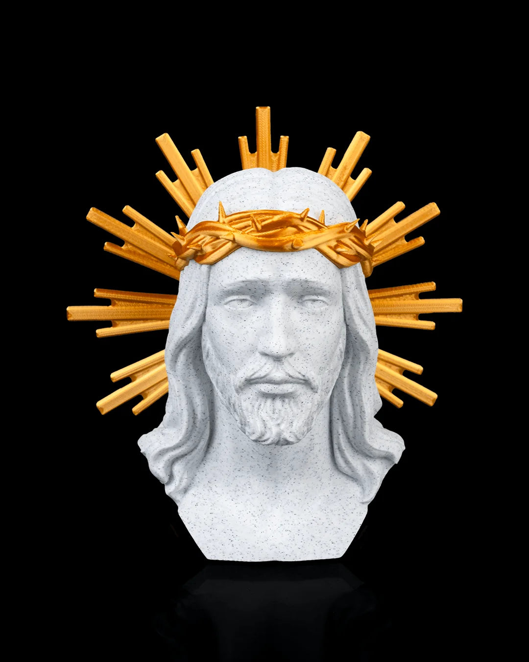 Holy Christ decor in marble and gold, front view on a black background