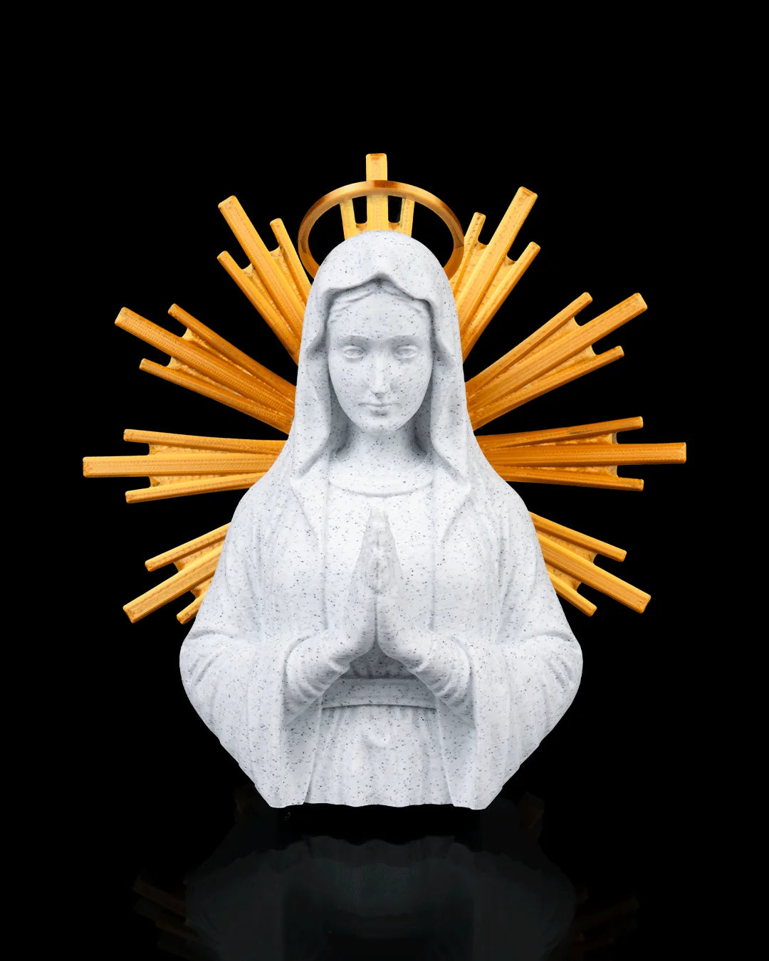 Our Lady decor in marble and gold, front view on a black background