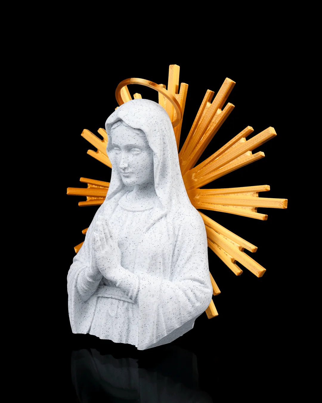 Our Lady decor in marble and gold, angled view on a black background