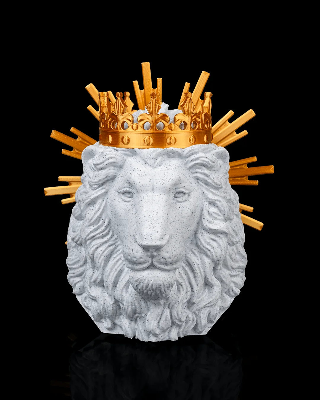 Lion of Judah decor in marble and gold, front view on a black background