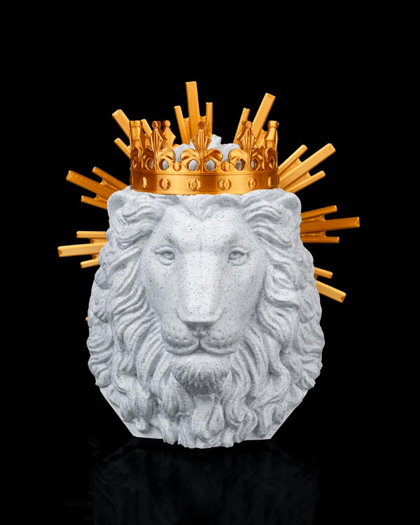 Lion of Judah decor in marble and gold, front view on a black background