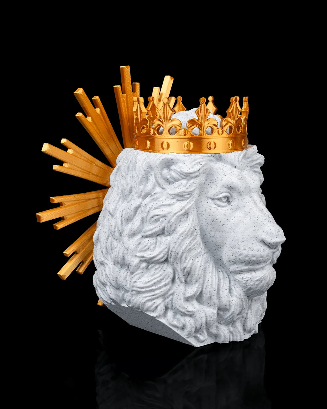 Lion of Judah decor in marble and gold, angled view on a black background