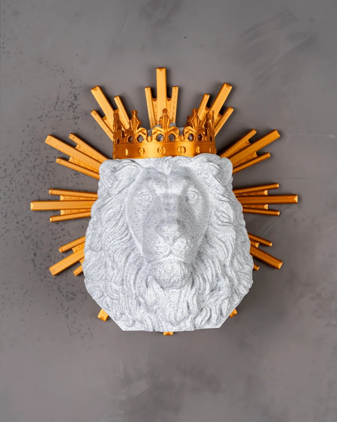 Lion of Judah wall decor in marble and gold on a light gray wall