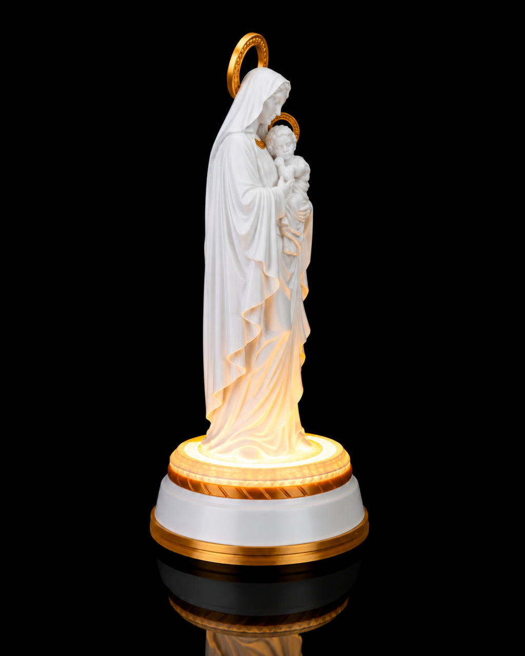 Mary and Jesus Statue — Matte White with light, side angle
