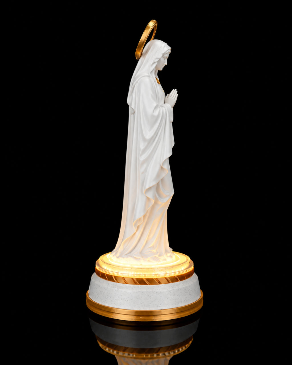Our Lady Statue — Matte White with light, side angle
