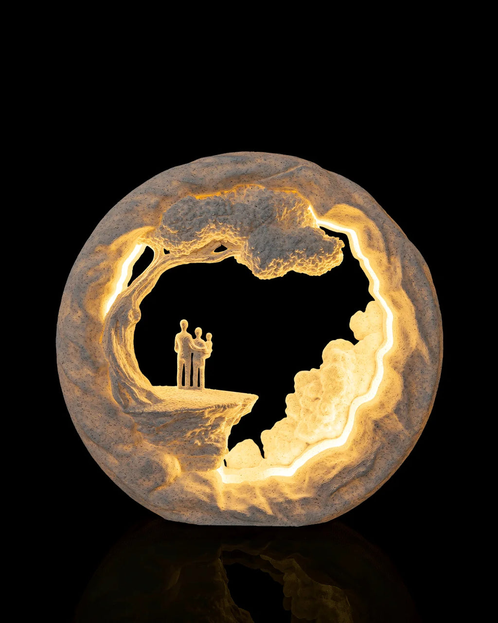 Side by Side Table Lamp illuminated from the front, showing a family beneath a tree