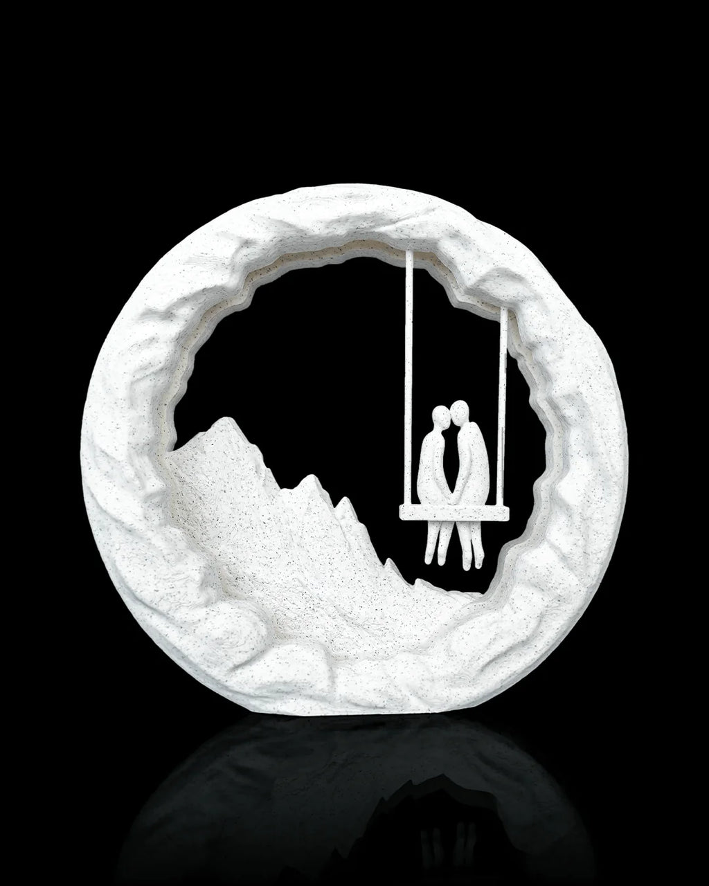 Swing for Two Table Lamp unlit, showing the couple scene and white Marble finish
