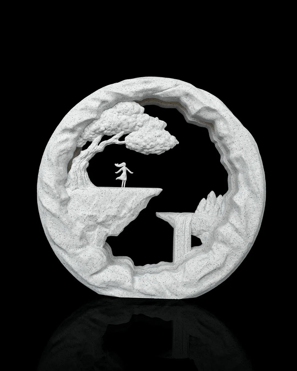 The Dreamer Table Lamp unlit, showing the cliff scene and white Marble finish