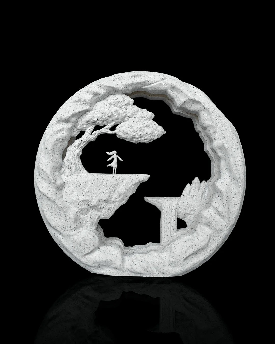 The Dreamer Table Lamp unlit, showing the cliff scene and white Marble finish