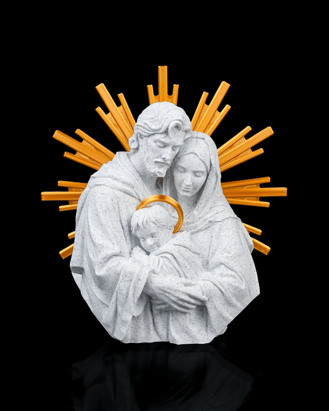 The Holy Family decor in marble and gold, front view on a black background