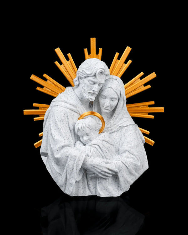 The Holy Family decor in marble and gold, front view on a black background