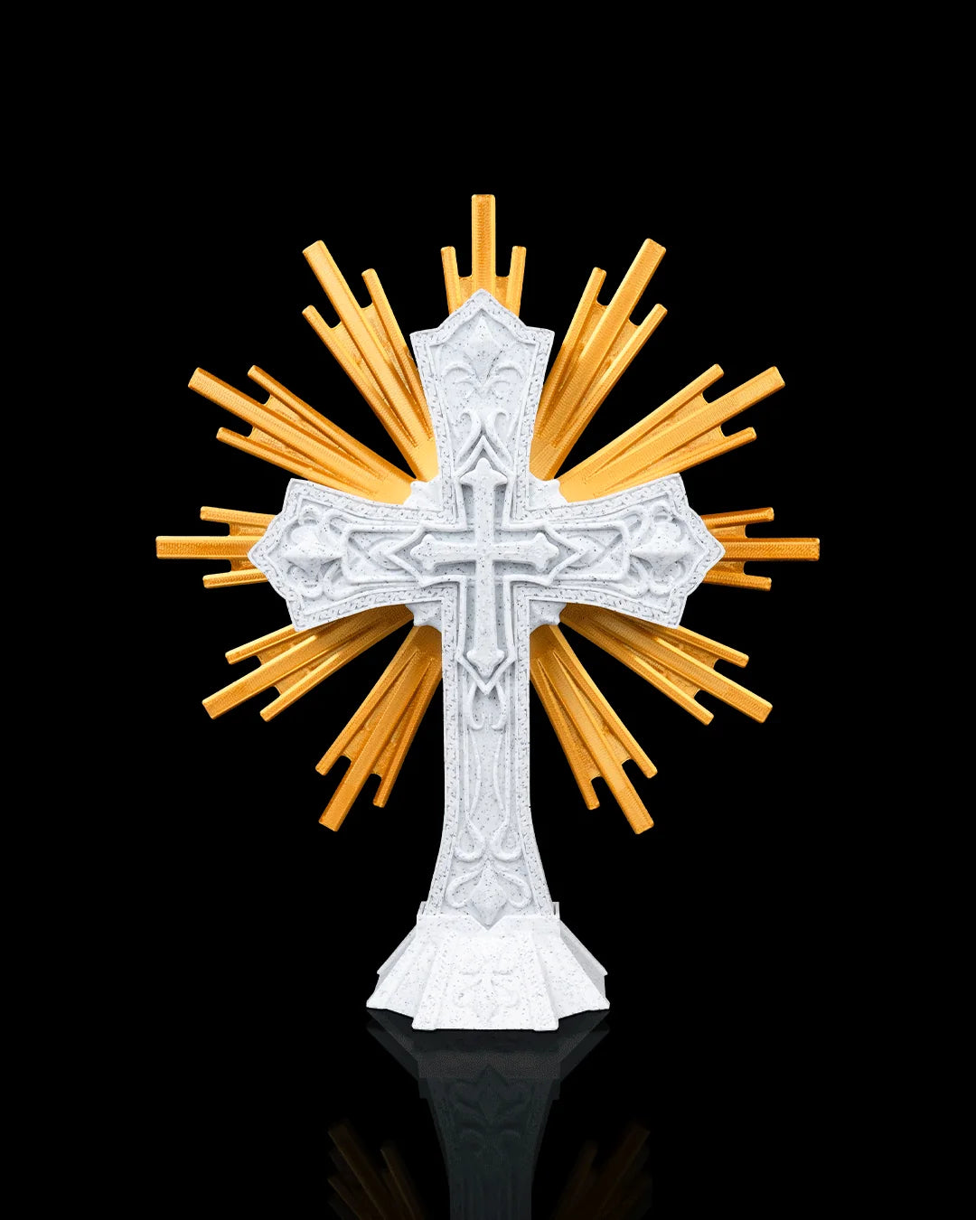 The Sacred Cross decor in marble and gold, front view on a black background